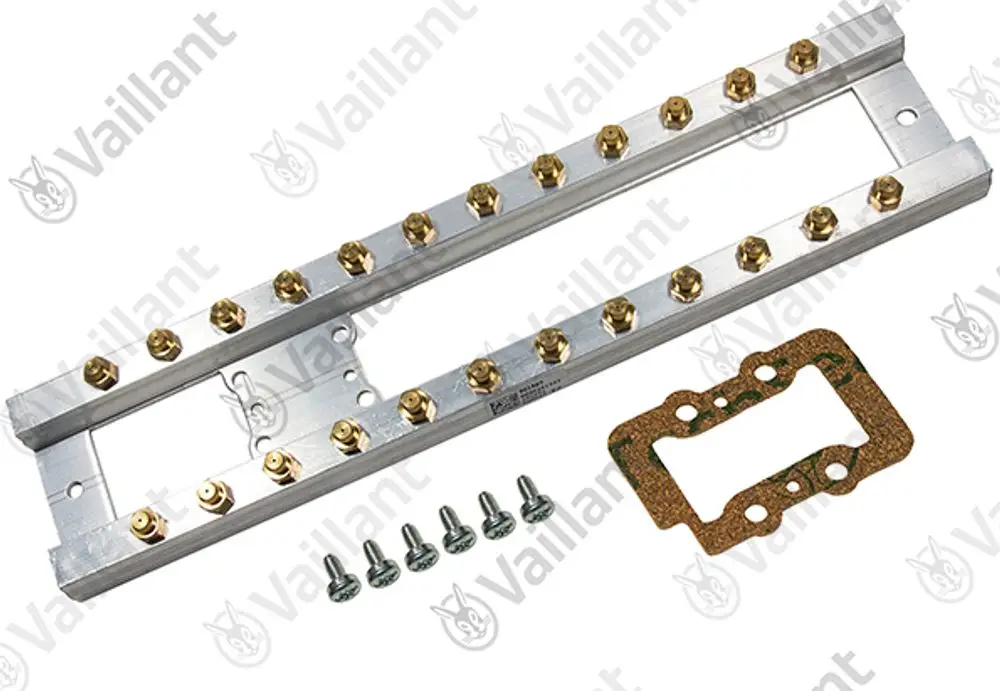 Vaillant Düsenstock aus Aluminium mit mehreren Messinganschlüssen, Schrauben und einer Dichtung für Heizungsinstallationen, abgebildet auf neutralem Hintergrund.